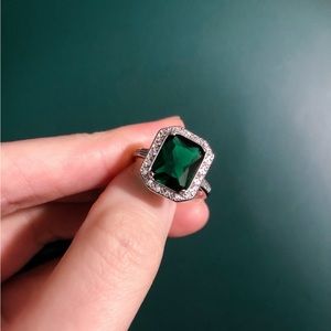 Square Emerald Cut Ring, Solitaire White Zircon Stone Halo Ring Green Gemstone